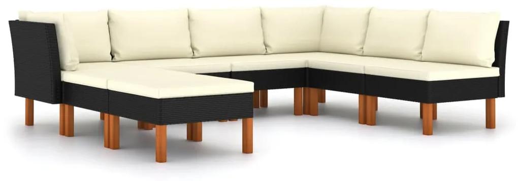 Set mobilier de gradina cu perne, 8 piese, negru, poliratan Negru, 2x colt + 4x mijloc + 2x suport pentru picioare, 8
