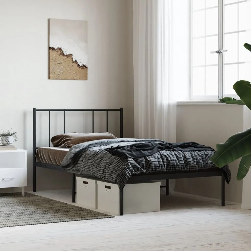 vidaXL Cadru de pat din metal cu tăblie, negru, 107x203 cm