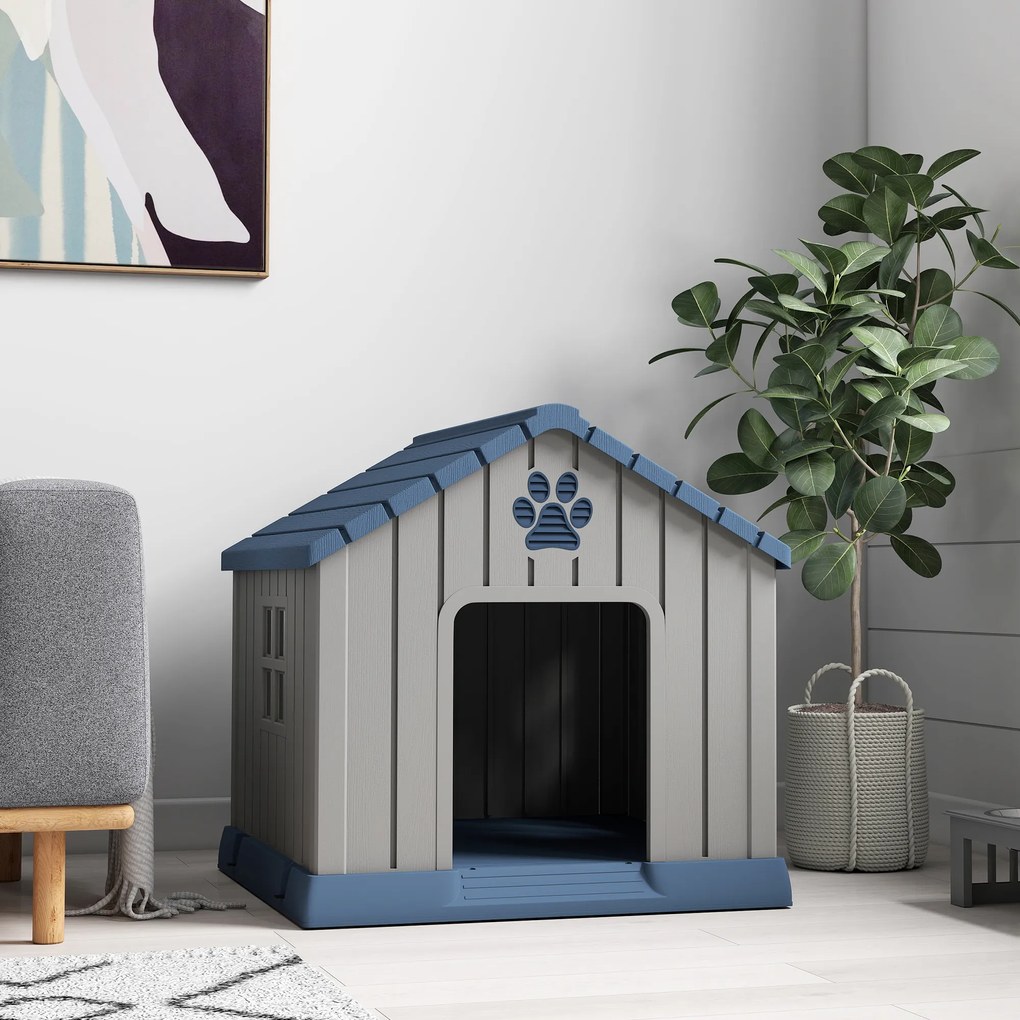 PawHut Căsuță pentru Câini din Plastic pentru Exterior, Impermeabilă, pentru Câini de Talie Medie cu Bază Ridicată, Ferestre și Acoperiș pentru Grădină, Patio, Terasă, Casă și Interior, 85x79x82 cm, Gri | Aosom Romania