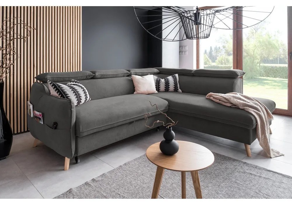 Colțar gri închis extensibil cu tapițerie din catifea (cu colț pe partea dreaptă) Sweet Harmony – Miuform