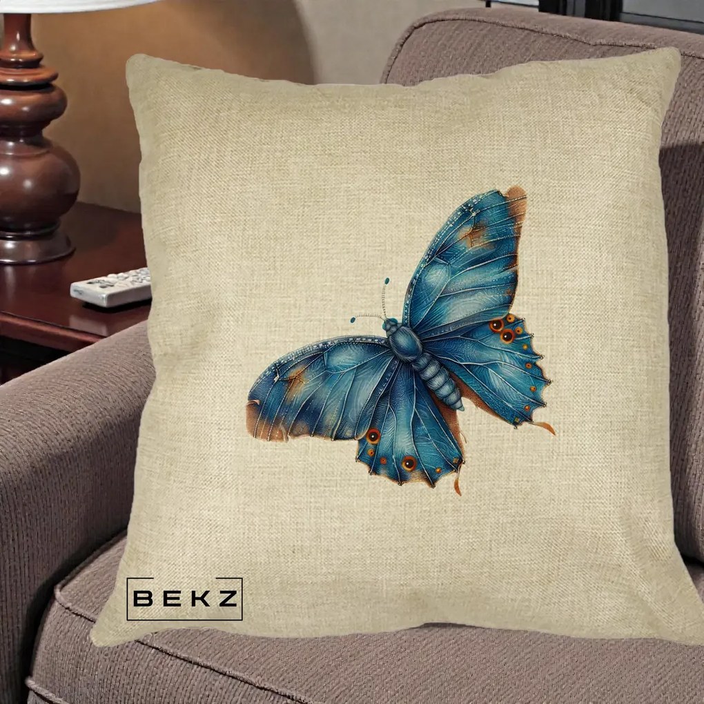 Perna Decorativa Fluture Albastru Satin cu Pete Aurii, 40x40 cm, Crem, Husa Detasabila, Perna Inclusa, BEKZ®