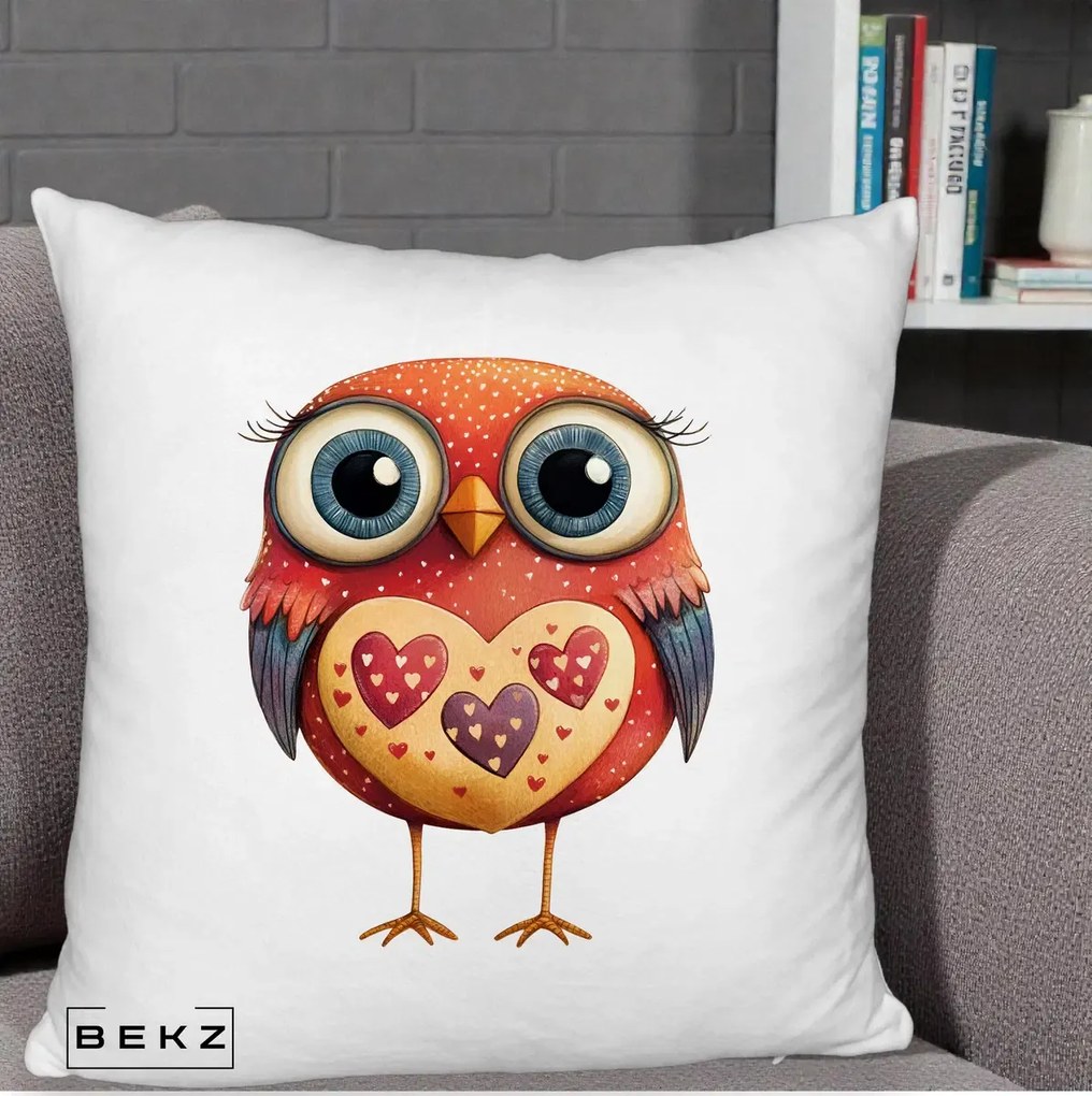Perna Decorativa Bufnita Rosie cu Inimi Aurii, 40x40 cm, Alb Pufos, Husa Detasabila, Perna Inclusa, BEKZ®