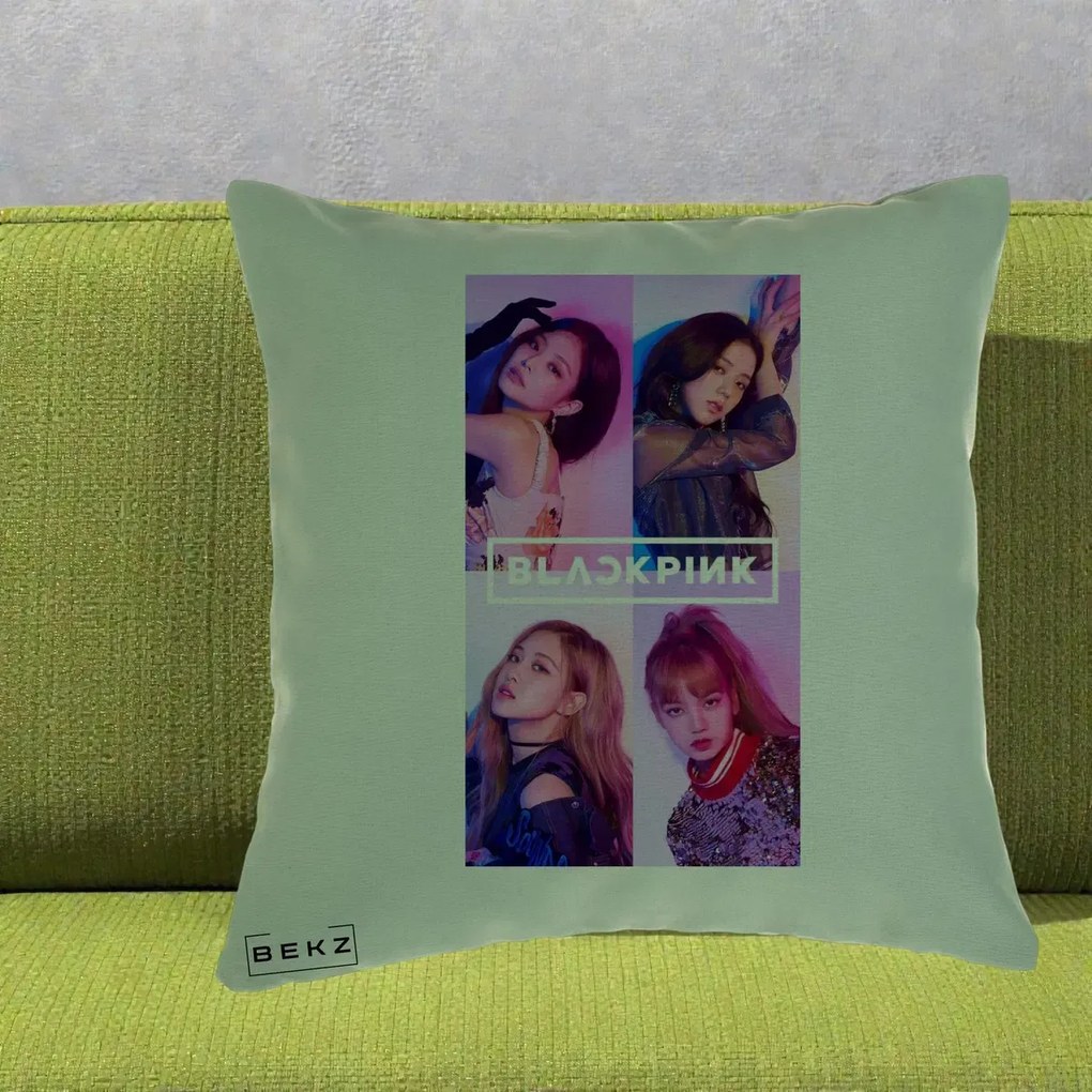 Perna Personalizata K-pop BLACKPINK Poster Colaj 4 Membre Violet Roz, 40x40 cm, Verde, Husa Detasabila, Perna Inclusa, BEKZ®