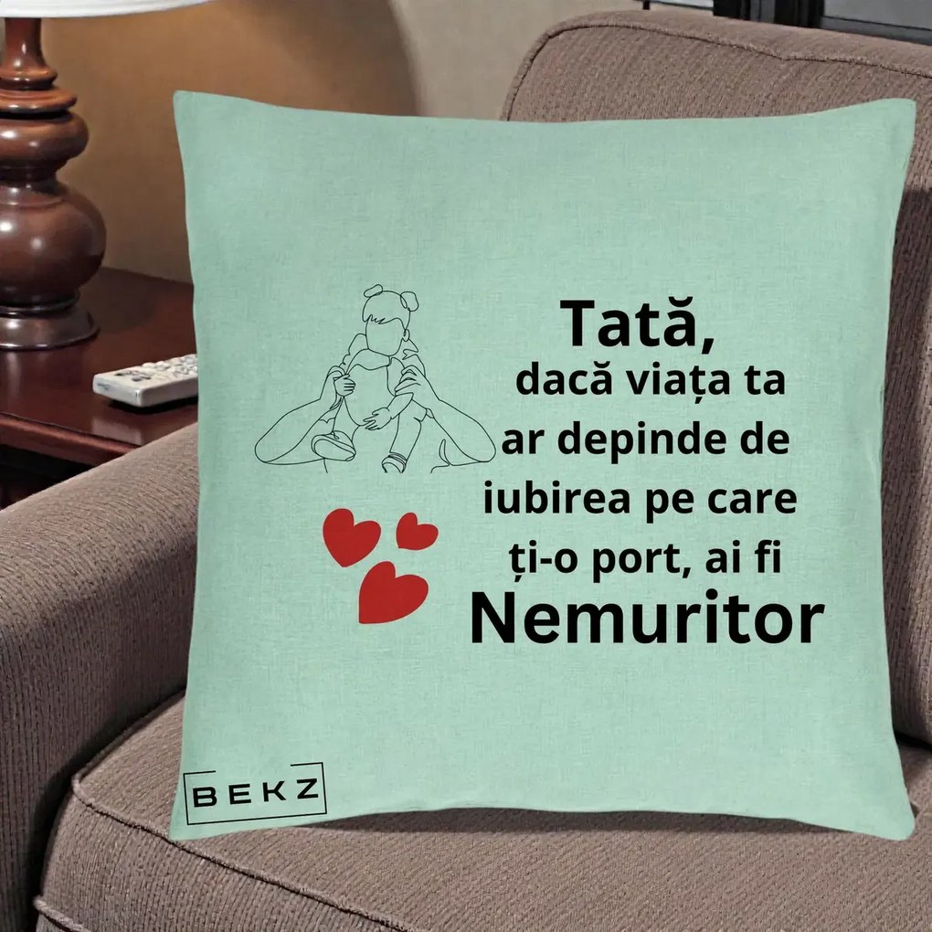 Cadou pentru Tata - Perna Personalizata Tata Nemuritor Mesaj, 40x40 cm, Verde Menta, Husa Detasabila, Perna Inclusa, BEKZ®