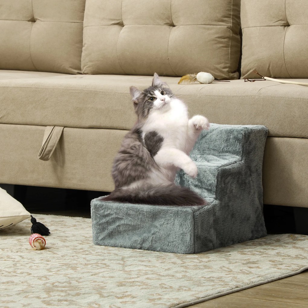 PawHut scară pentru câini cu 3 trepte, pentru câini și pisici de până la 4,5 kg, din catifea, husă detașabilă și lavabilă, gri deschis | Aosom Romania