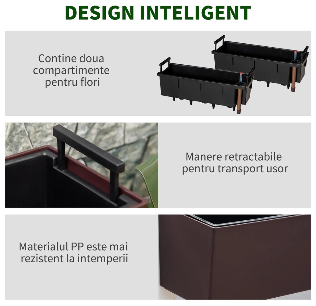 Jardiniera de Balcon Outsunny cu Carlig pentru Balustrada Reglabila, Indicator Nivel Apa si Disc cu Auto-Irigare, 99x18x19cm