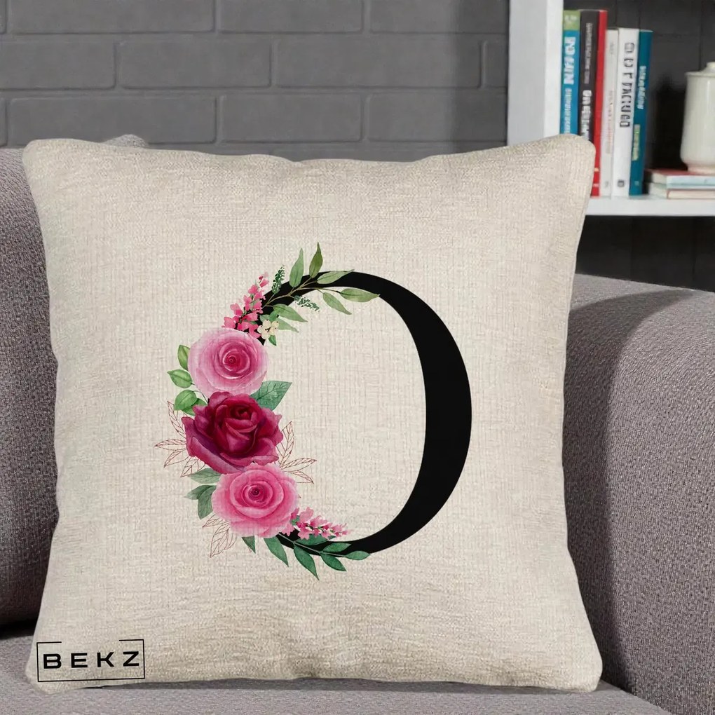 Cadou Personalizat - Perna Personalizata Monograma Florala Litera O, 40x40 cm, Bej Canapea, Husa Detasabila, Perna Inclusa, BEKZ®