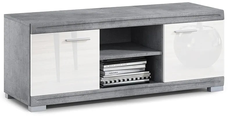 Mazzoni Mobilier perete SIMPLE Beton Millennium/Alb Luciu - COMODĂ TV VITRINĂ DOUĂ COMODE PENTRU LIVING