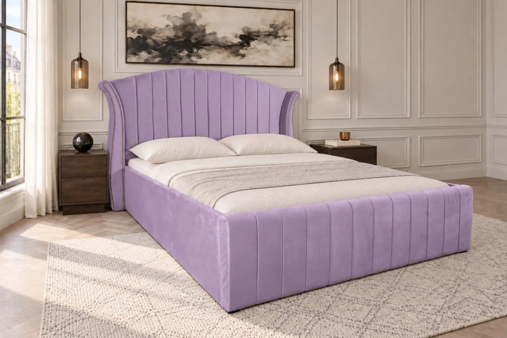 Pat tapițat din catifea Velluto Line 140×200 cm, lila, cu ladă de depozitare