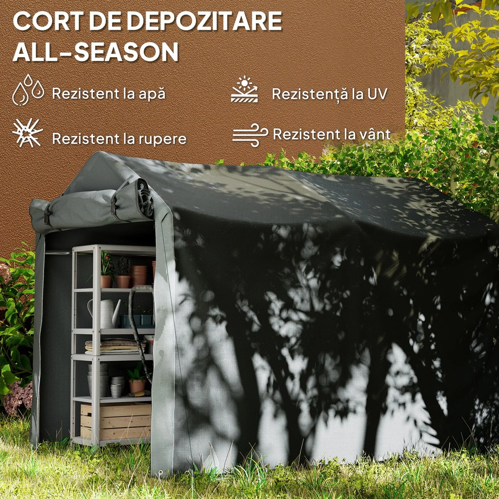 Outsunny Pavilion Cort pentru Mașină cu Intrare Rulabilă, Corzi și Țăruși, 220x157x165 cm, Gri Închis | Aosom Romania