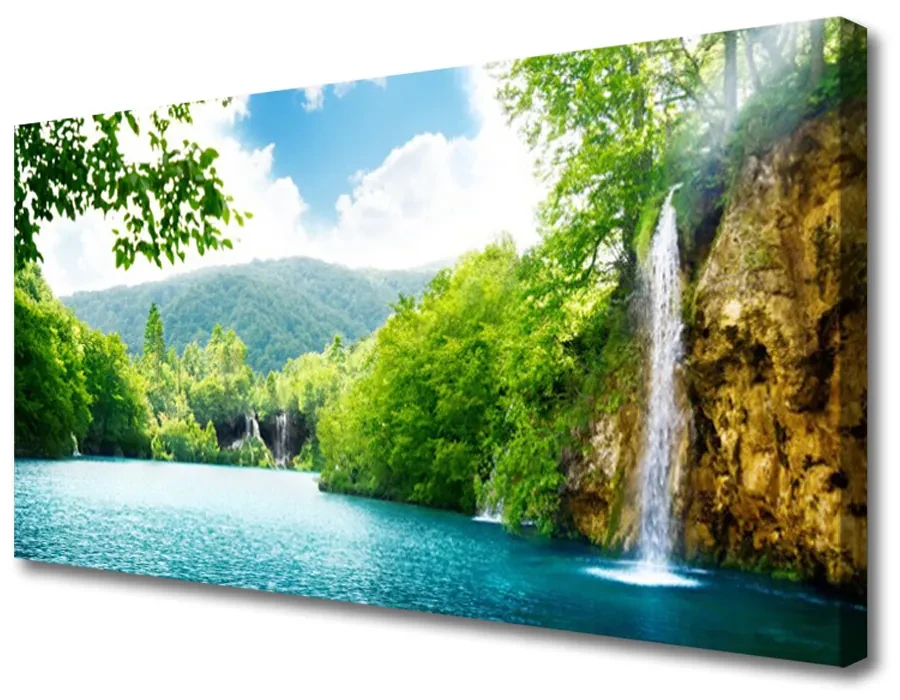 Tablou pe panza canvas Cascada Lacul Copaci Natura Alb Albastru