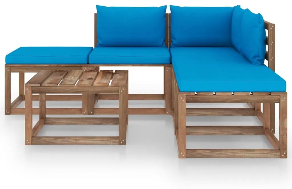 Set mobilier de gradina, 6 piese, cu perne albastru deschis Albastru deschis, colt + 2x mijloc + 2x suport pentru picioare + masa, 1