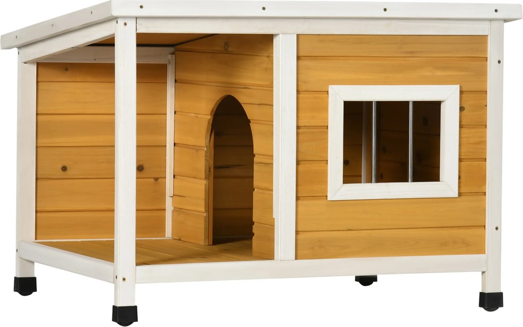 PawHut Cușcă pentru Câini de Exterior din Lemn cu Verandă Acoperită și Acoperiș Înclinat, 85.5x62x60 cm, Multicolor | Aosom Romania