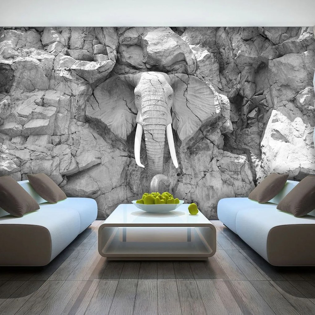 Fototapet - Elefant  sculptat în piatră - gri (254x184 cm)