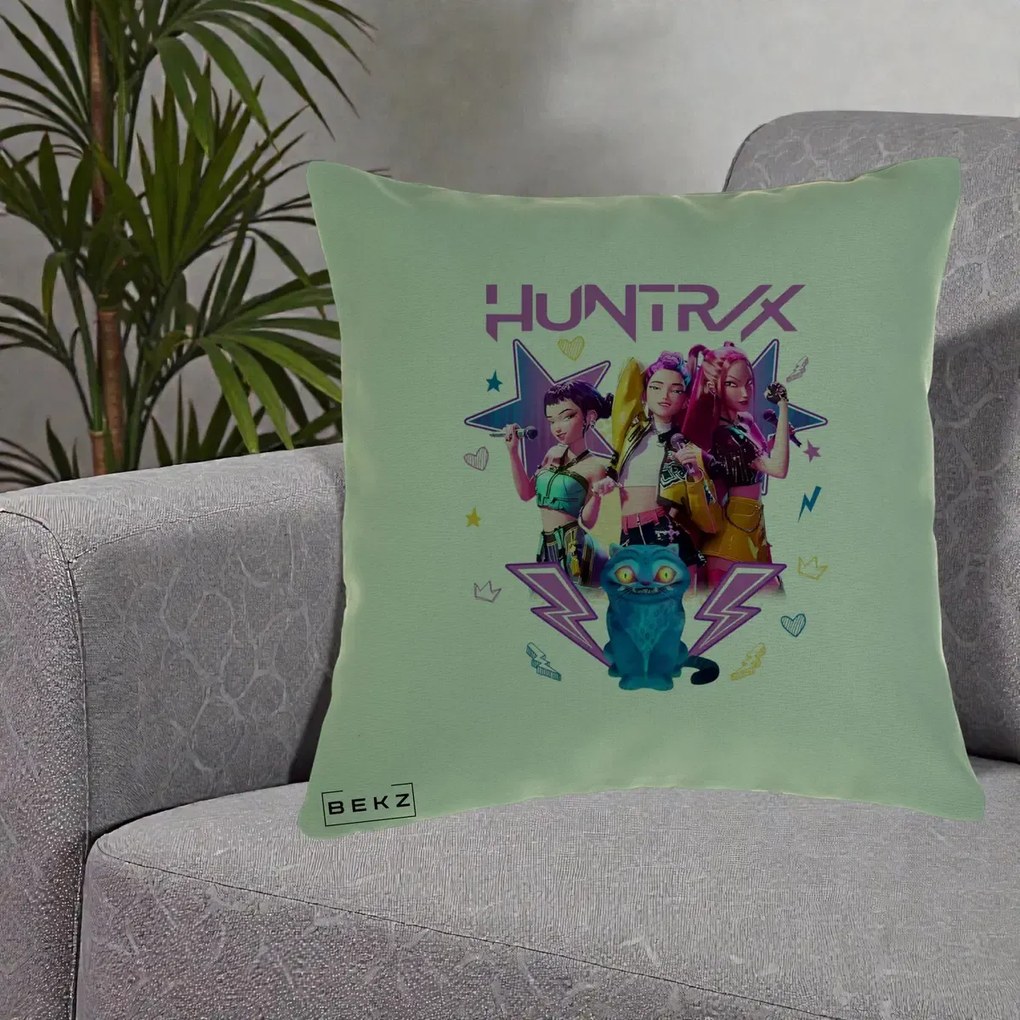 Perna Personalizata K-pop HUNTRX Trio 3D cu Pisica Fulgere, 40x40 cm, Verde, Husa Detasabila, Perna Inclusa, BEKZ®