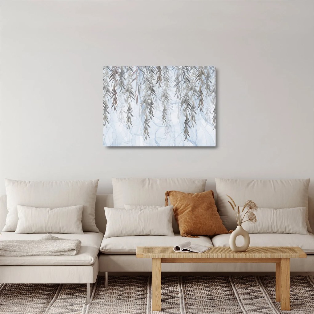 Tablou pe sticlă - Crenguțe de salcie fundal albastru (70x50 cm)