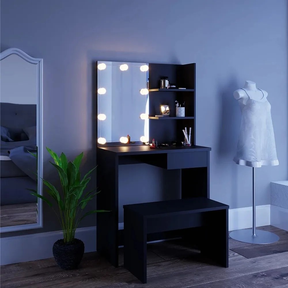 Masuta machiaj cu Oglinda LED si 1 Sertar pentru Cosmetice, Set Masa toaleta 75 cm, Negru, masuta cosmetica, vanity - SEN224