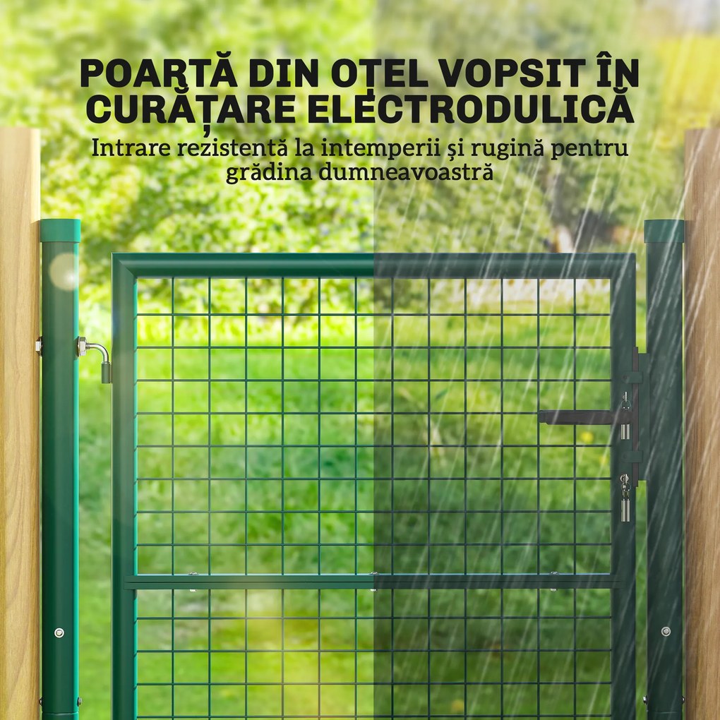 Outsunny Poartă de Grădină din Oțel 97x150 cm, Poartă cu Încuietoare, 3 Chei, Mâner și 2 Stâlpi | Aosom Romania