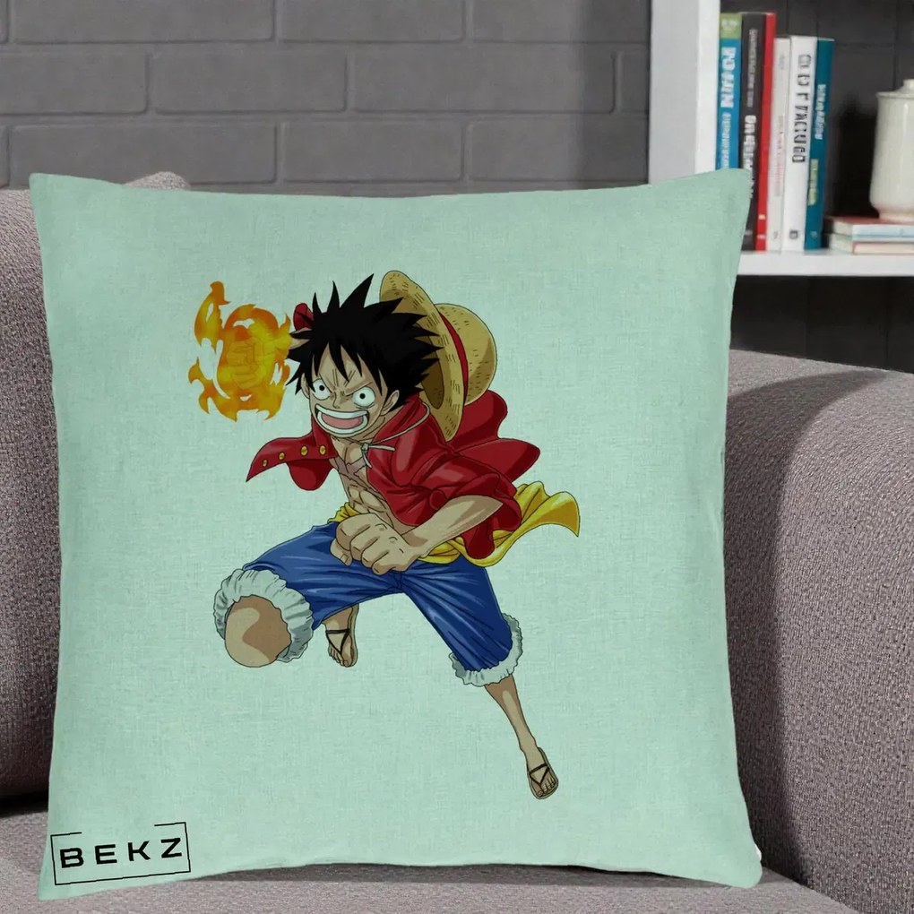 Perna Personalizata One Piece Luffy Gear Second Foc, 40x40 cm, Verde Menta, Husa Detasabila, Perna Inclusa, BEKZ®