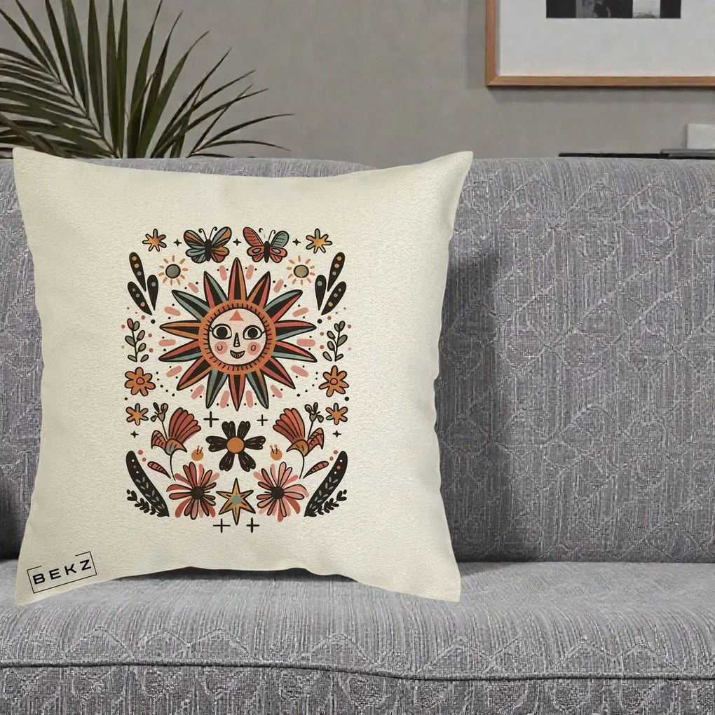 Perna Decorativa Soare Boho Folk Fluturi, 40x40 cm, Ecru, Husa Detasabila, Perna Inclusa, BEKZ®