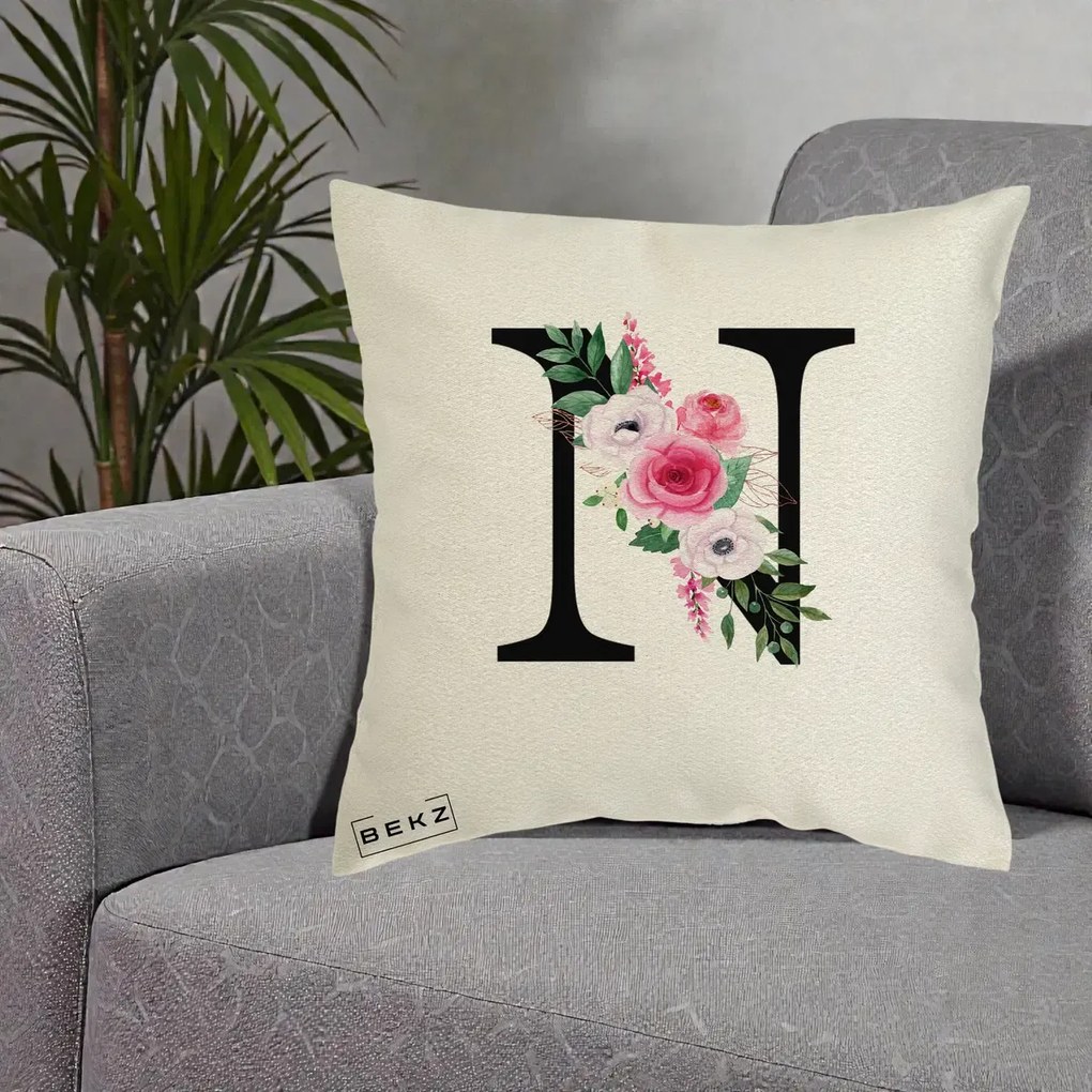 Cadou Personalizat - Perna Personalizata Monograma Florala Litera N, 40x40 cm, Ecru, Husa Detasabila, Perna Inclusa, BEKZ®