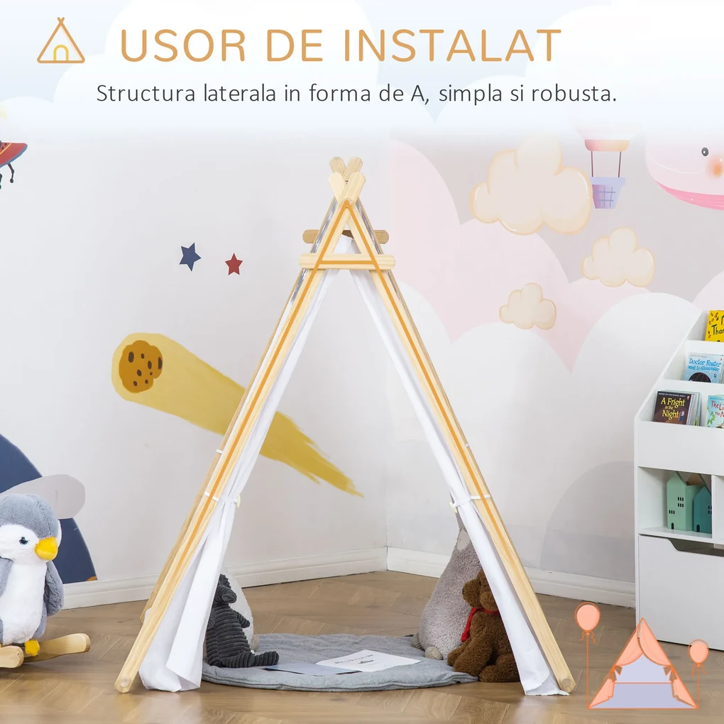 HOMCOM Cort Teepee Indian pentru Copii 3-6 Ani, Spațiu de Joacă Interior/Exterior cu Ușă și Fereastră, 130x111x136cm, Gri și Alb | Aosom Romania