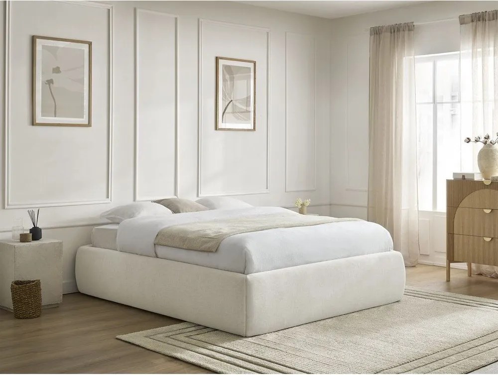 Pat matrimonial bej tapițat cu spațiu de depozitare/fără tăblie cu somieră 160x200 cm Inera – Bobochic Paris