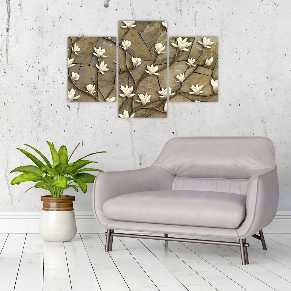 Tablou - Magnolii albe pe zidărie de piatră (90x60 cm)