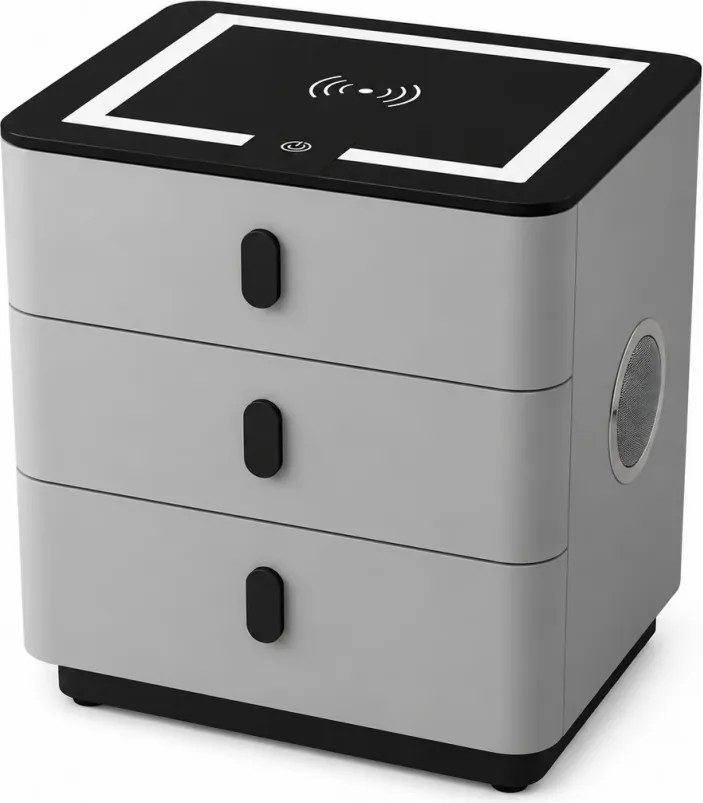 RESIGILAT- Noptieră inteligentă multifuncțională, 3 sertare, LED-uri tactile, 3 tipuri de culoare, încărcare fără fir, Difuzor Bluetooth, incarcare USB, sticla securizata, Gri