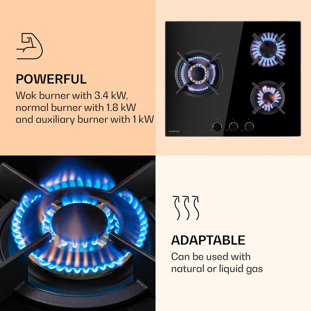 Klarstein Goldflame 3, plită pe gaz, 3 arzătoare, arzătoare Messing, sticlă ceramică