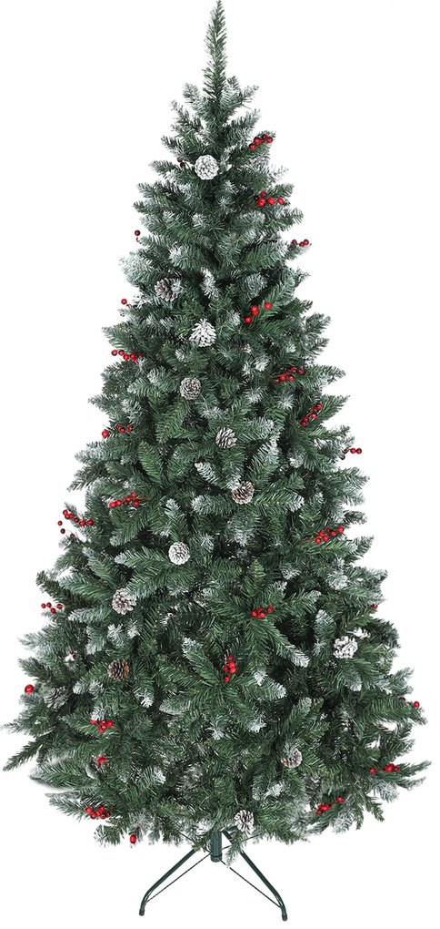 HOMCOM Brad de Crăciun Înalt de 210 cm cu 928 de Ramuri, Brad Artificial de Interior cu Conuri și Boabe Roșii Decorative, Bază Metalică, Verde | Aosom Romania