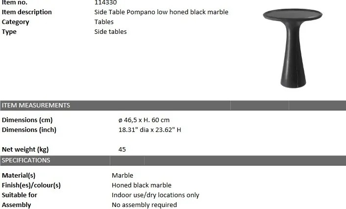 Masuta auxiliara design LUX din marmura neagra Pompano low 114330 HZ