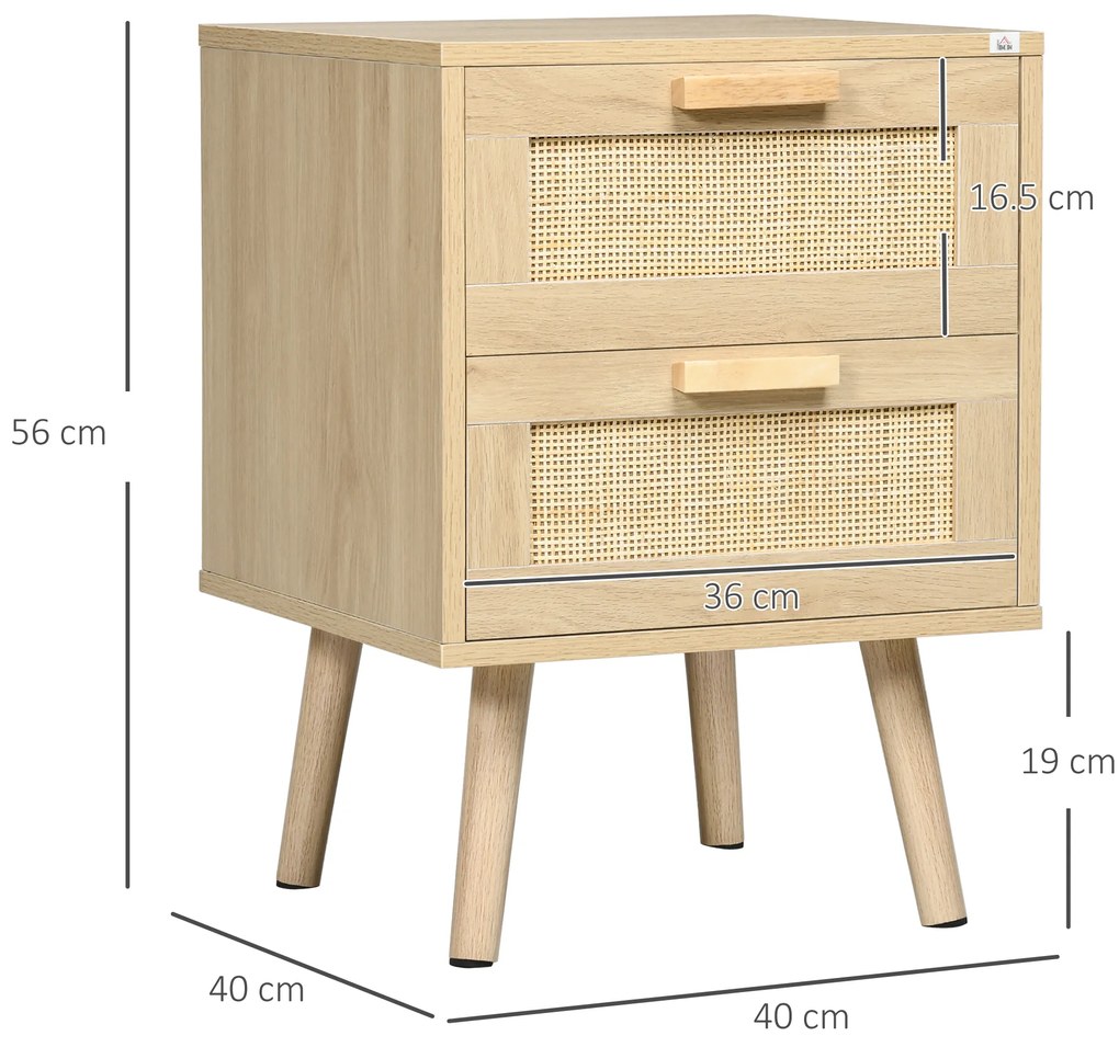 HOMCOM Set 2 Noptiere Boho Elegante, Mobilier Dormitor cu 2 Sertare, 40x40x56cm, Lemn Natural | Aosom Romania