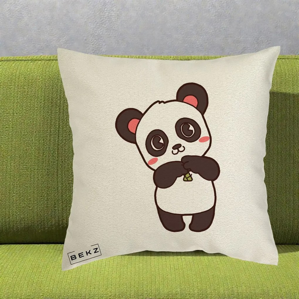 Perna Personalizata Panda Kawaii cu Bambus, 40x40 cm, Ecru, Husa Detasabila, Perna Inclusa, BEKZ®