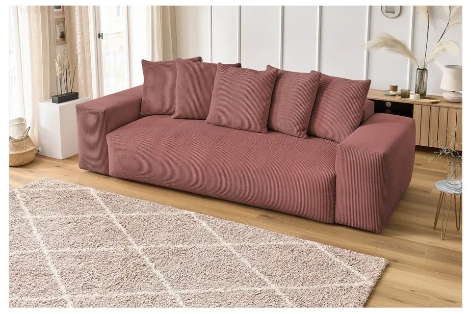 Canapea roz-deschis cu tapițerie din catifea reiată 280 cm Voltaire – Bobochic Paris