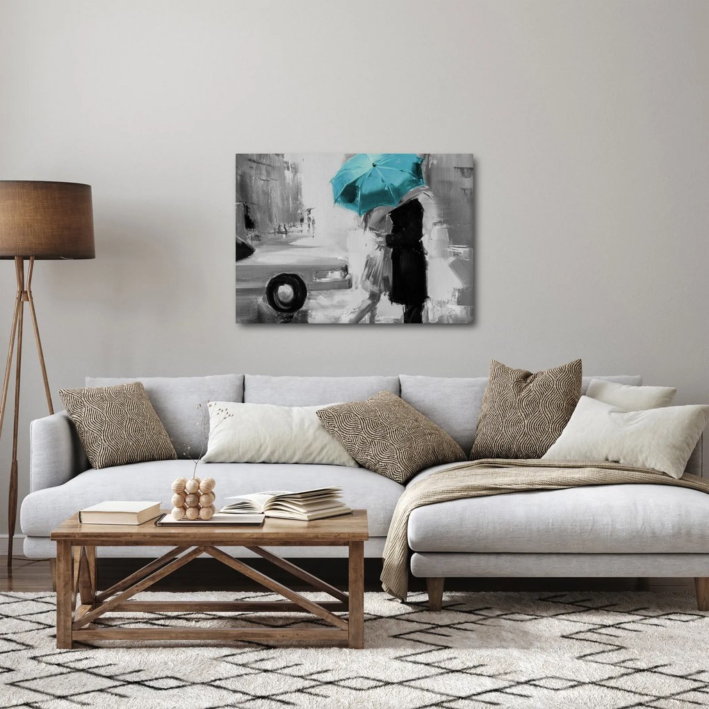 Tablou - Cuplu în dragoste cu umbrelă, albastru (70x50 cm)