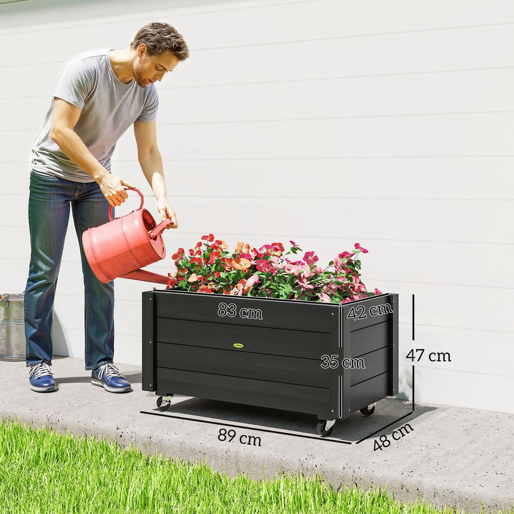 Outsunny Jardinieră de Grădină din Lemn de Brad cu Roti și Orificiu de Drenaj, Captuseală din Material Netesut, 89x48x47 cm | Aosom Romania