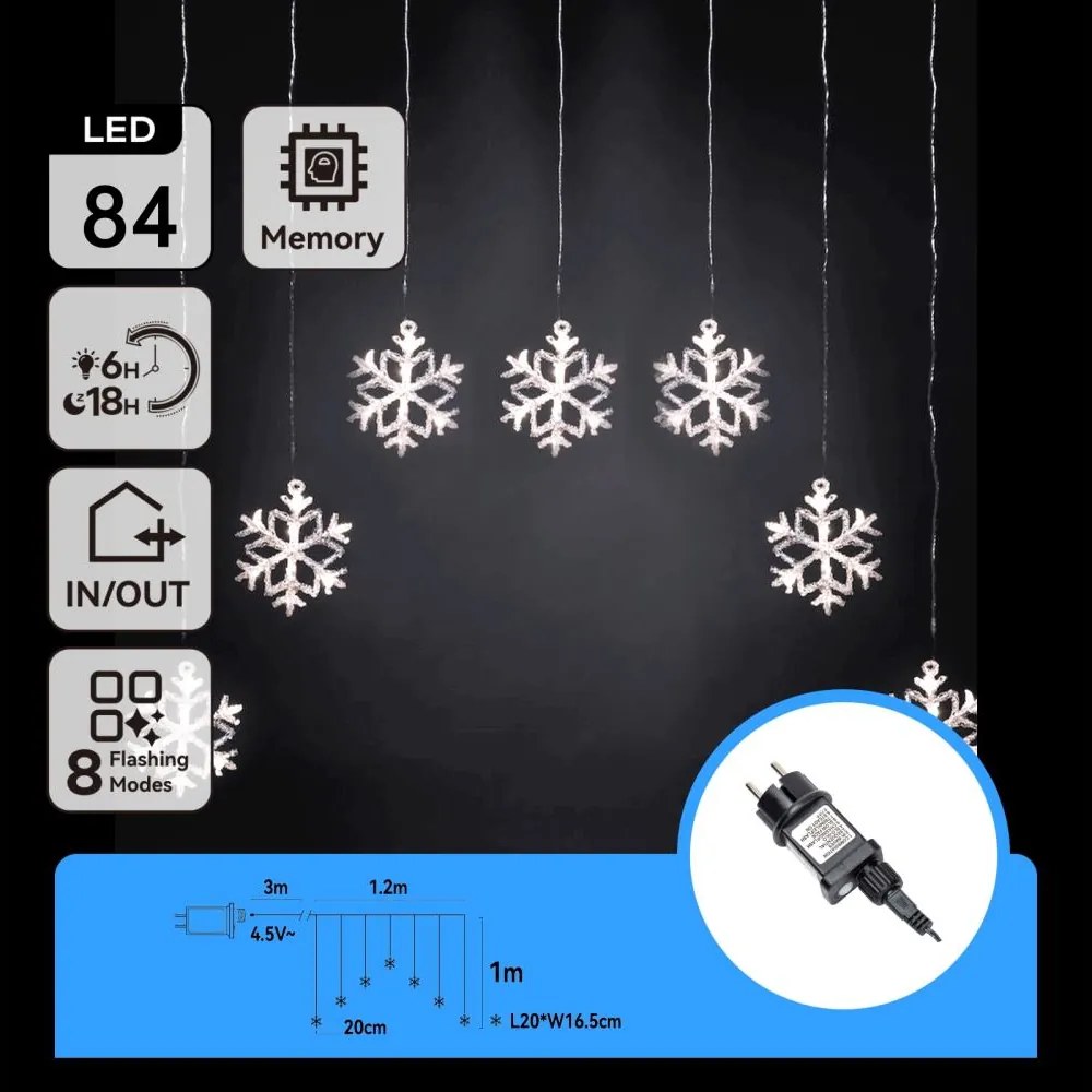 Aigostar - Ghirlandă de Crăciun LED pentru exterior, 84xLED/8 funcții, 1,2x1m, IP44, alb rece, cu fulgi de zăpadă