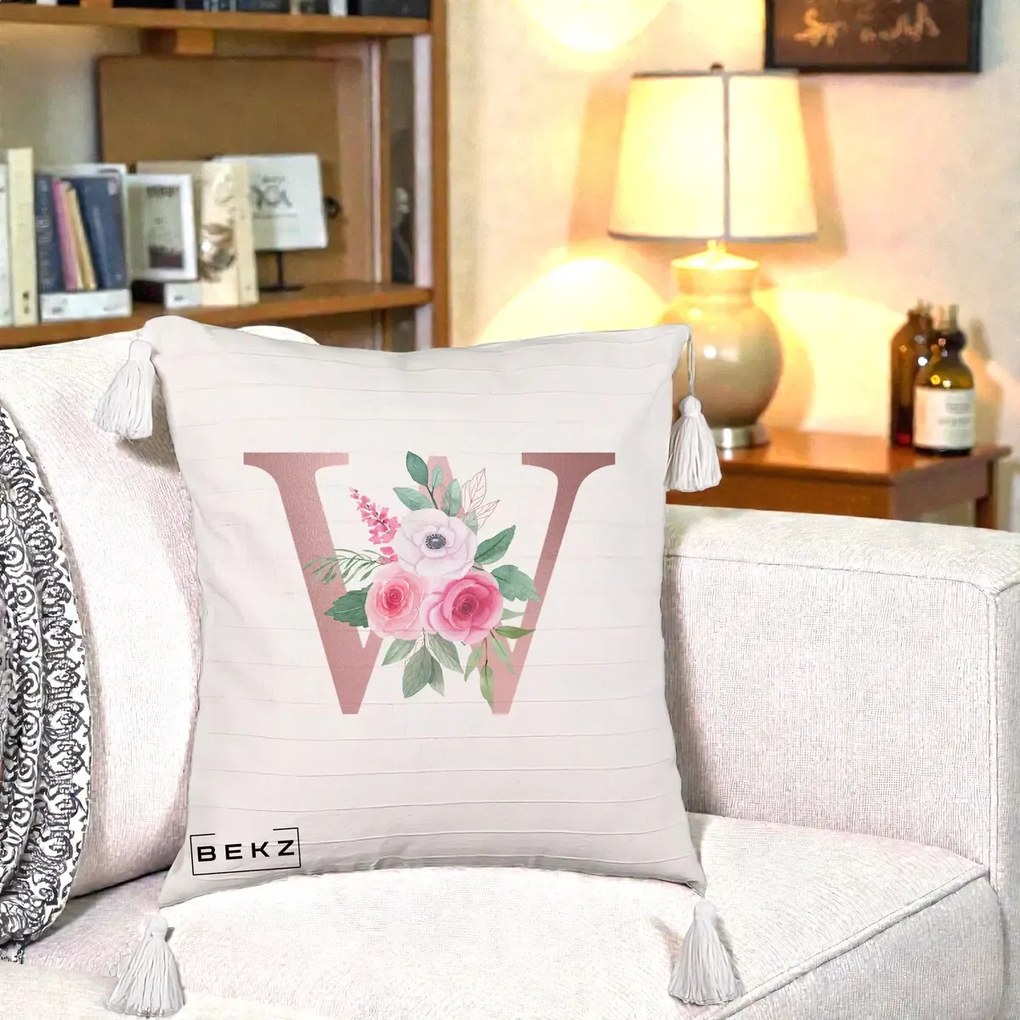Cadou Personalizat - Perna Personalizata Monograma Rose Gold Litera W cu Trandafiri si Anemona, 40x40 cm, Bej cu Franjuri, Husa Detasabila, Perna Inclusa, BEKZ®
