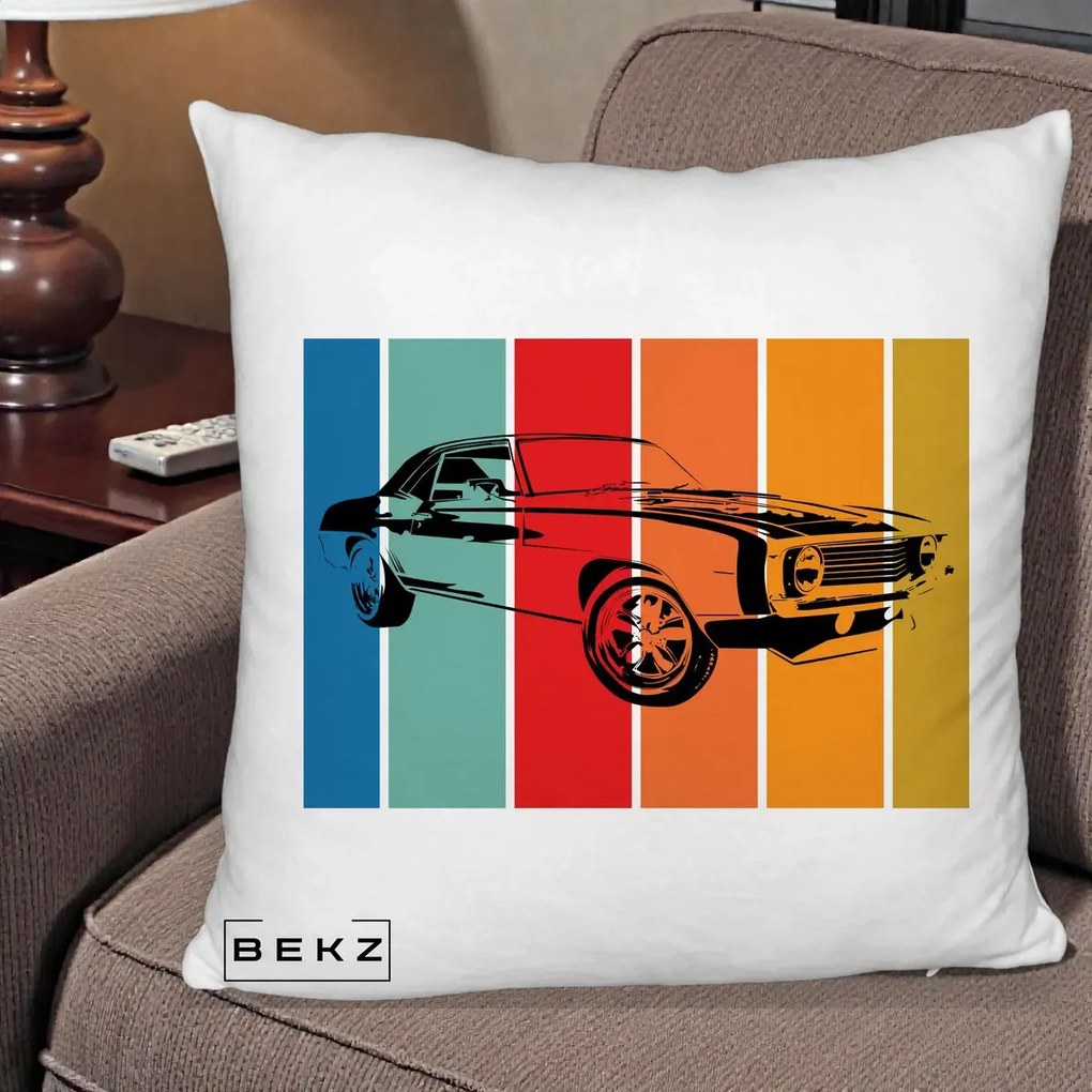 Perna Personalizata Masina Retro Muscle Car Grafic, 40x40 cm, Alb Pufos, Husa Detasabila, Perna Inclusa, BEKZ®