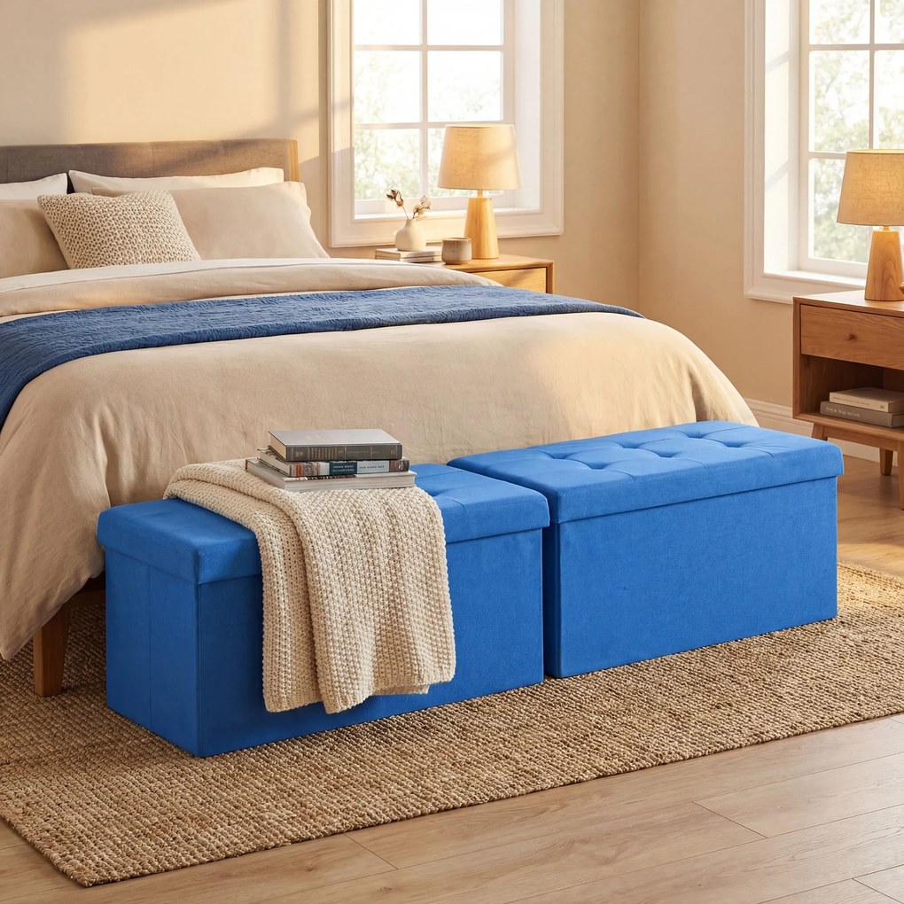 HOMCOM Puf de depozitare, bancă de depozitare pliabilă 84 L 76x38x38 cm tapițată în in sintetic albastru deschis | Aosom Romania