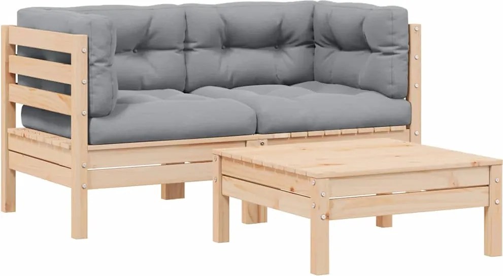 vidaXL Set mobilier de grădină cu perne gri, 3 piese, lemn masiv pin
