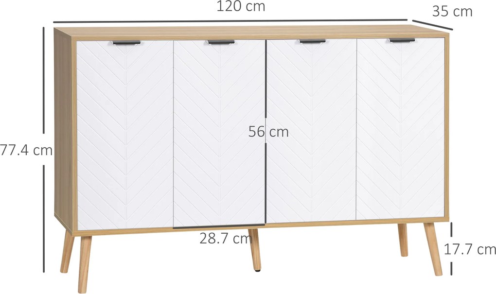 HOMCOM Comodă Bucătărie, Mobilier de Bucătărie cu Rafturi Reglabile și Picioare din Lemn de Pin, Bufet Modern pentru Living, Living, Sala de Mese, 120x35x77,4cm, Natural și Alb | Aosom Romania