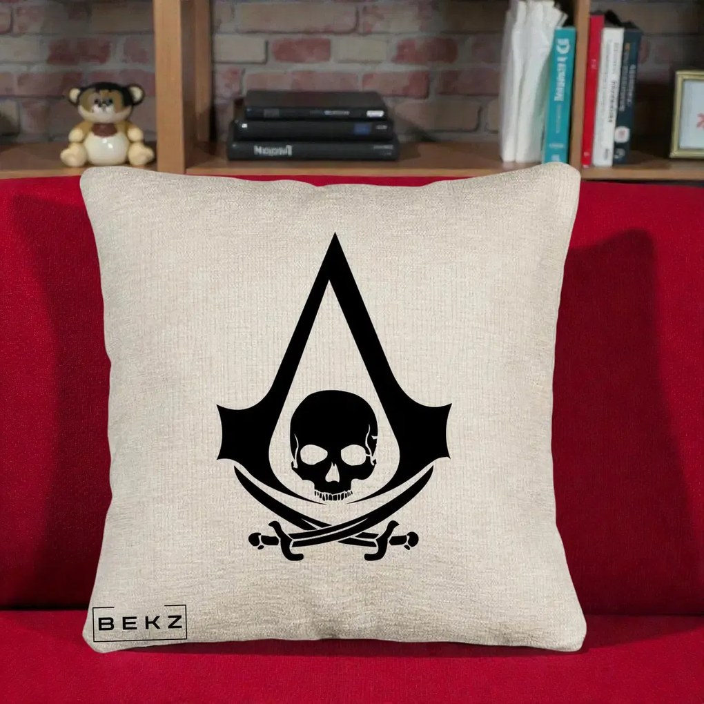 Perna Personalizata Assassin's Creed Black Flag Skull, 40x40 cm, Bej Canapea, Husa Detasabila, Perna Inclusa, BEKZ®