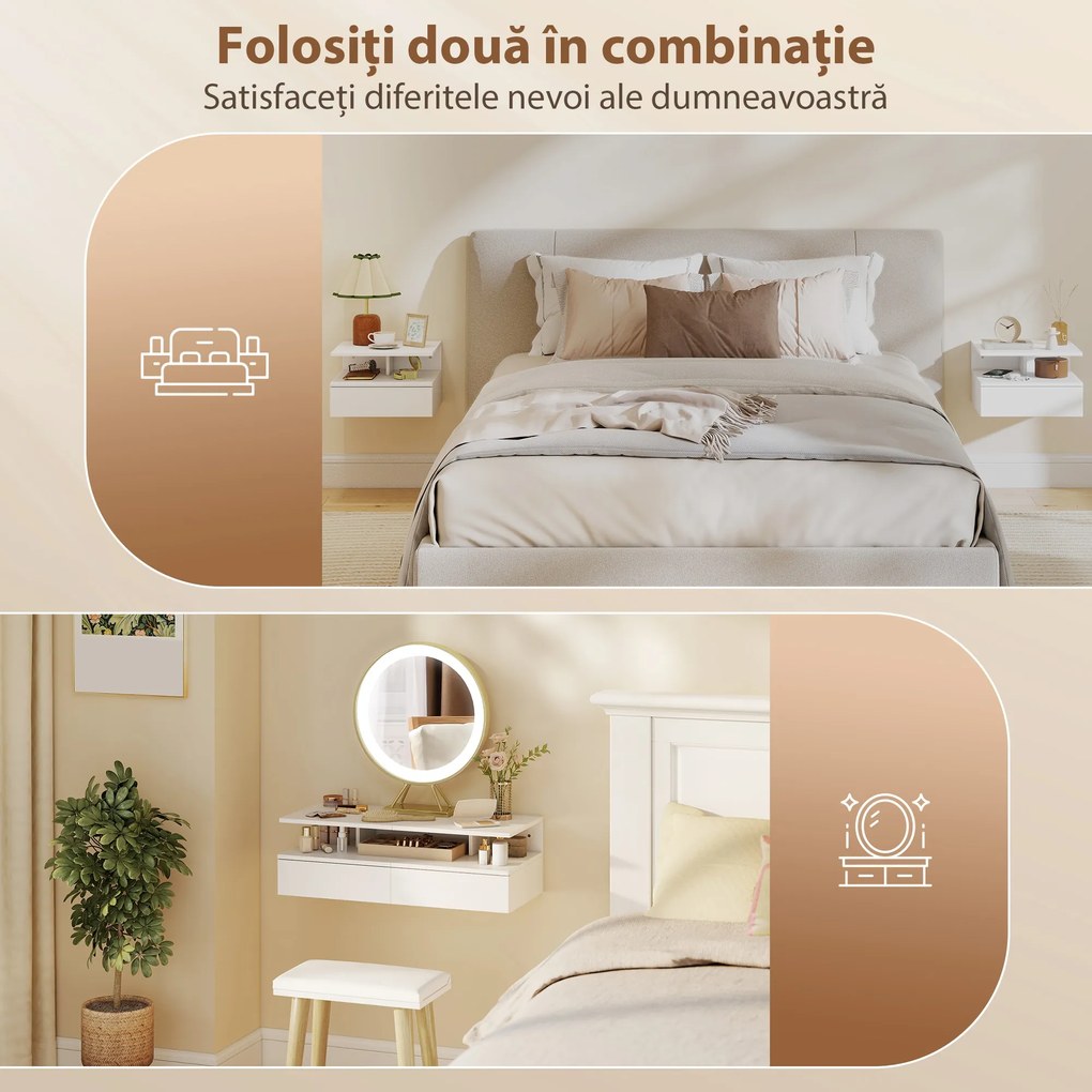 HOMCOM Set de 2 Noptiere Suspendate cu Sertar și Raft Deschis, 35x32x22.5 cm, Alb | Aosom Romania