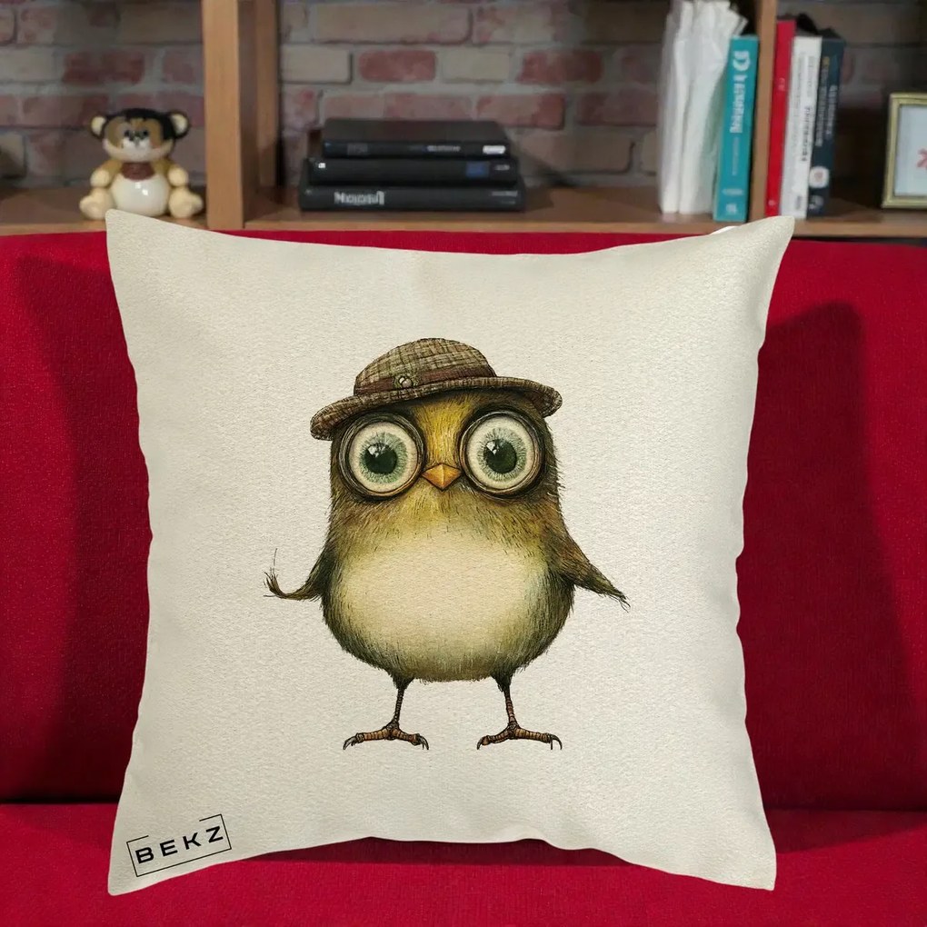 Perna Decorativa Pui Intelectual cu Palarie Tweed, 40x40 cm, Ecru, Husa Detasabila, Perna Inclusa, BEKZ®