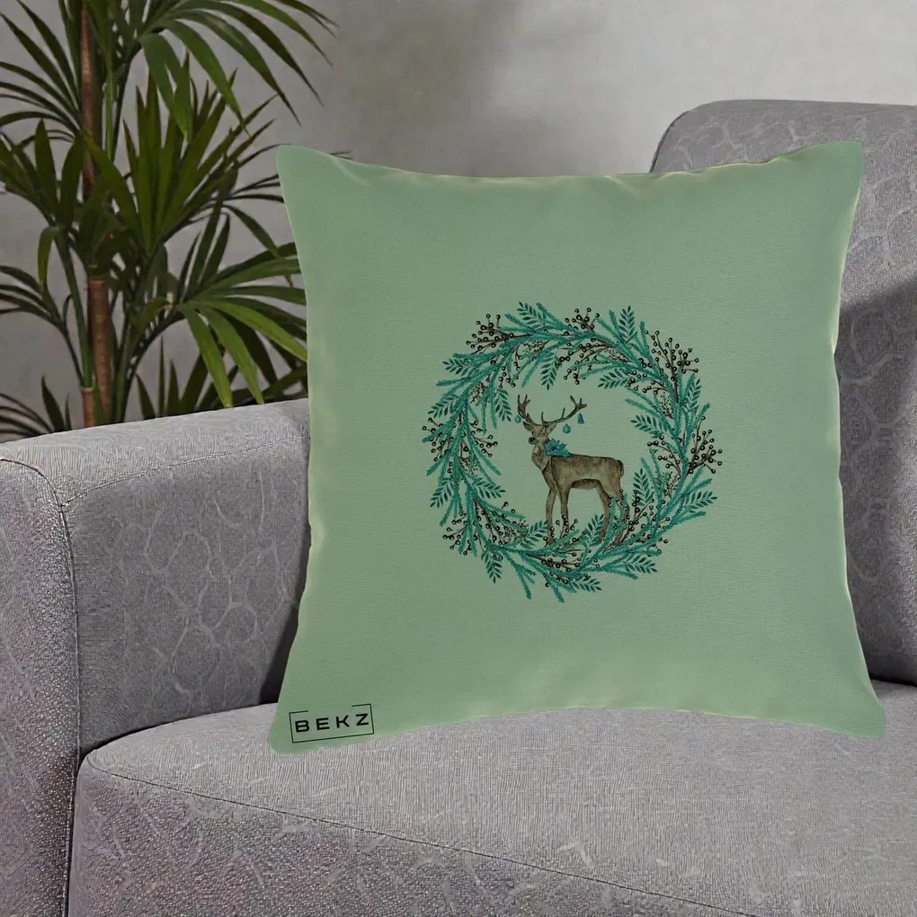 Perna Decorativa Coroana Turcoaz cu Ren, 40x40 cm, Verde, Husa Detasabila, Perna Inclusa, BEKZ®