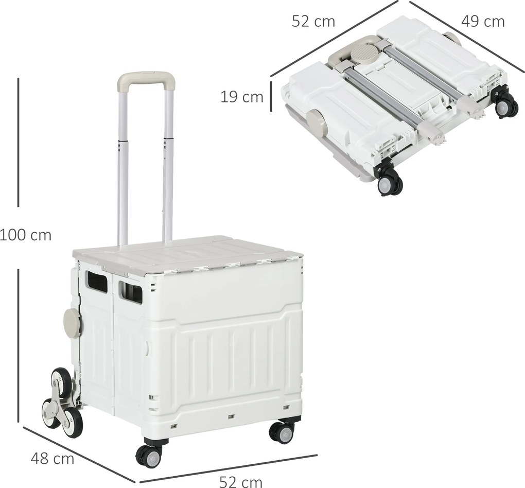 HOMCOM Cărucior Pliabil pentru Cumpărături cu Roți pentru Scări și Mâner Telescopic, Capacitate 80 kg, 51L, Cărucior din Aluminiu pentru Cumpărături și Camping, Alb, 52 x 48 x 100 cm | Aosom Romania