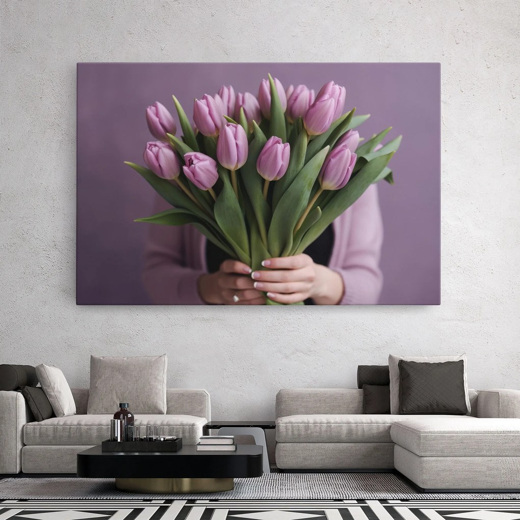 Tablou Canvas, 20x30cm, Dormitor si Living, Flori, Lalele, Holding Pink Tulips