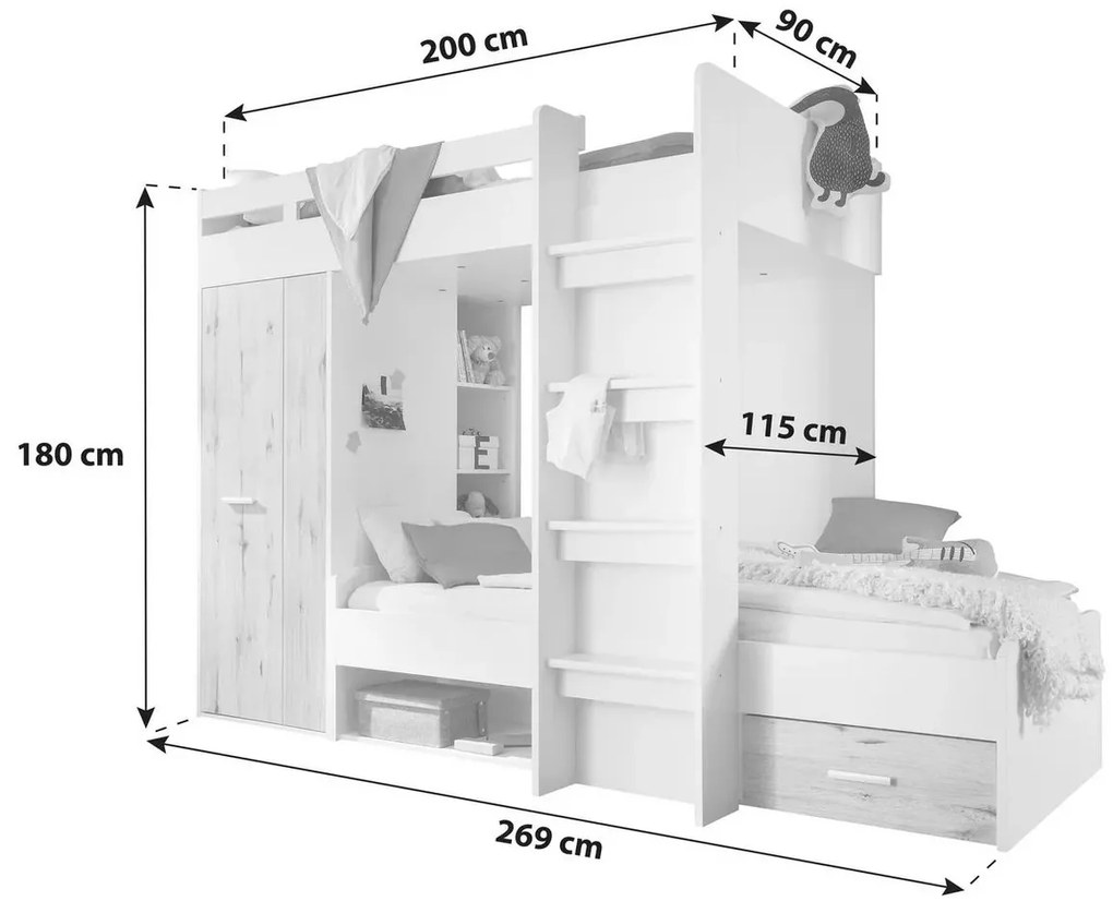 Pat supraetajat pentru copii 90 cm Mathers (alb + gri deschis). 1082825